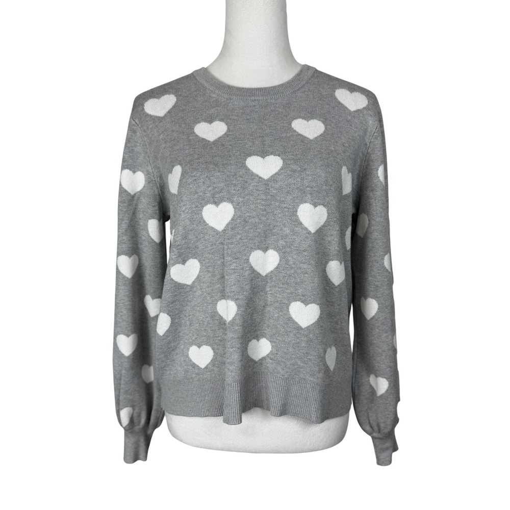 Marled Women Sweater M Gray White Heart Print Puff Sleeve Crew Neck Knit Top
